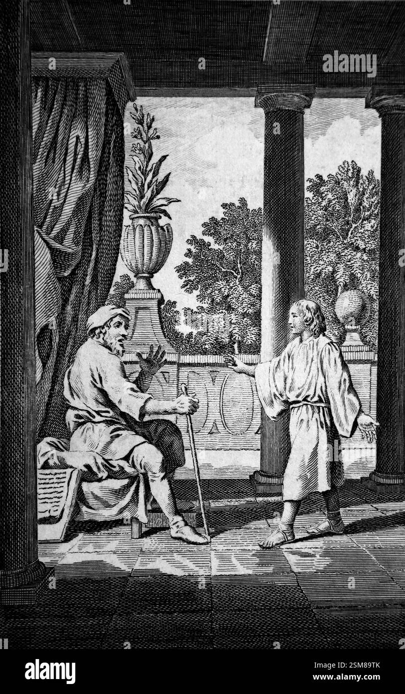 Kupferstich von Samuel, der seine erste Prophezeiung an Eli (Samuel) aus der Antike 1780 ausspricht. Die Familienbibel von Reverend Dr Southwell (The Universal) Stockfoto