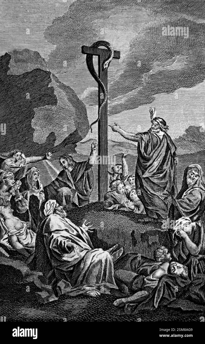 Kupferstich der dreisten Schlange, die zur Heilung der ungehorsamen Juden eingesetzt wurde - Moses hielt die Schlange, damit die Israeliten, die sie sahen, geschützt waren Stockfoto