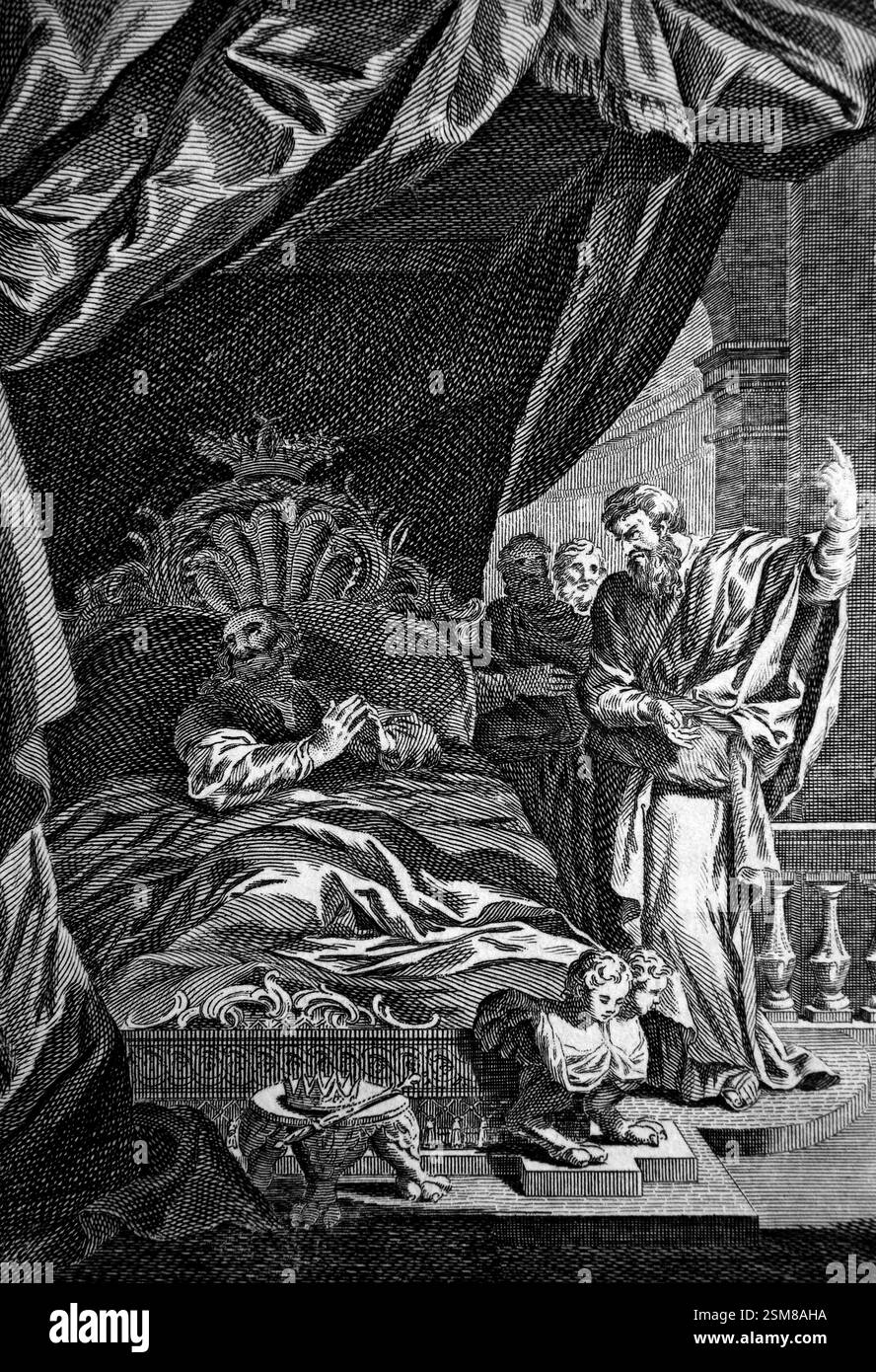 Kupferstich von Jesaja, die Hiskiah zur Vorbereitung auf den Tod (Könige) aus dem Antike 1780 die Familienbibel von Reverend Dr Southwell (The Univer) Stockfoto