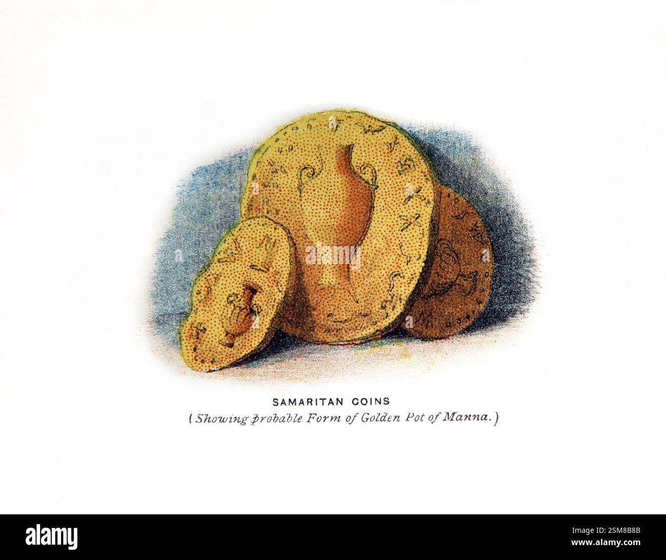 Samaritanische Münzen mit wahrscheinlicher Form des Goldenen Topfes Manna aus der antiken Bibel des 19. Jahrhunderts Stockfoto