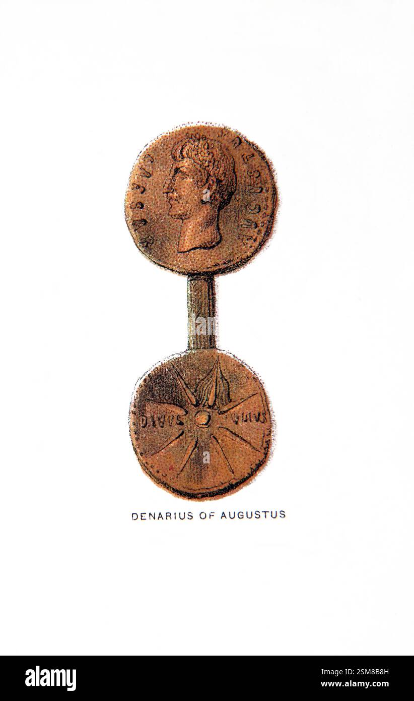 Illustration der Vorderseite des römischen Denarius mit dem römischen Kaiser Augustus und der Rückseite mit einem Kometen mit acht Schweifen aus dem Heiligen 19. Jahrhundert Stockfoto