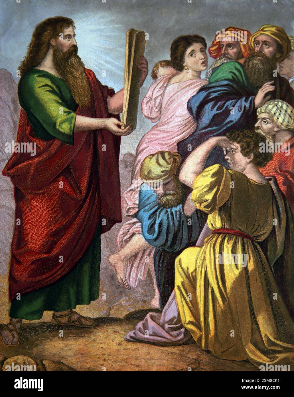 Illustration des Abstiegs Moses vom Berg Sinai mit den Gesetzestafeln (Exodus) aus der antiken Bibel des 19. Jahrhunderts Stockfoto