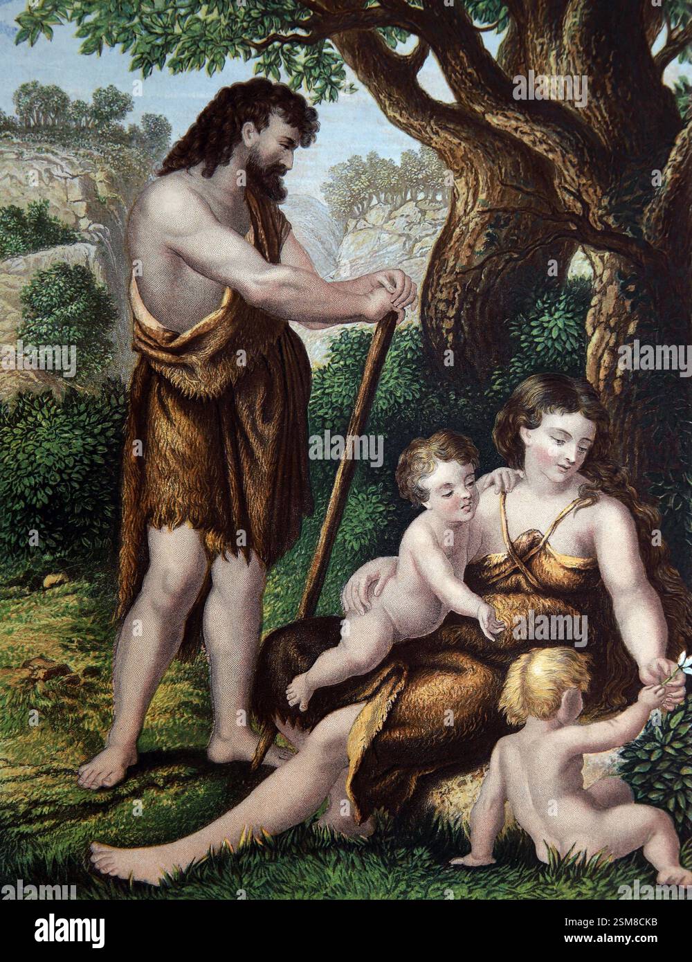 Illustration von Adam und Eva mit ihren Kindern Kain und Abel (Genesis) aus der antiken Bibel des 19. Jahrhunderts Stockfoto