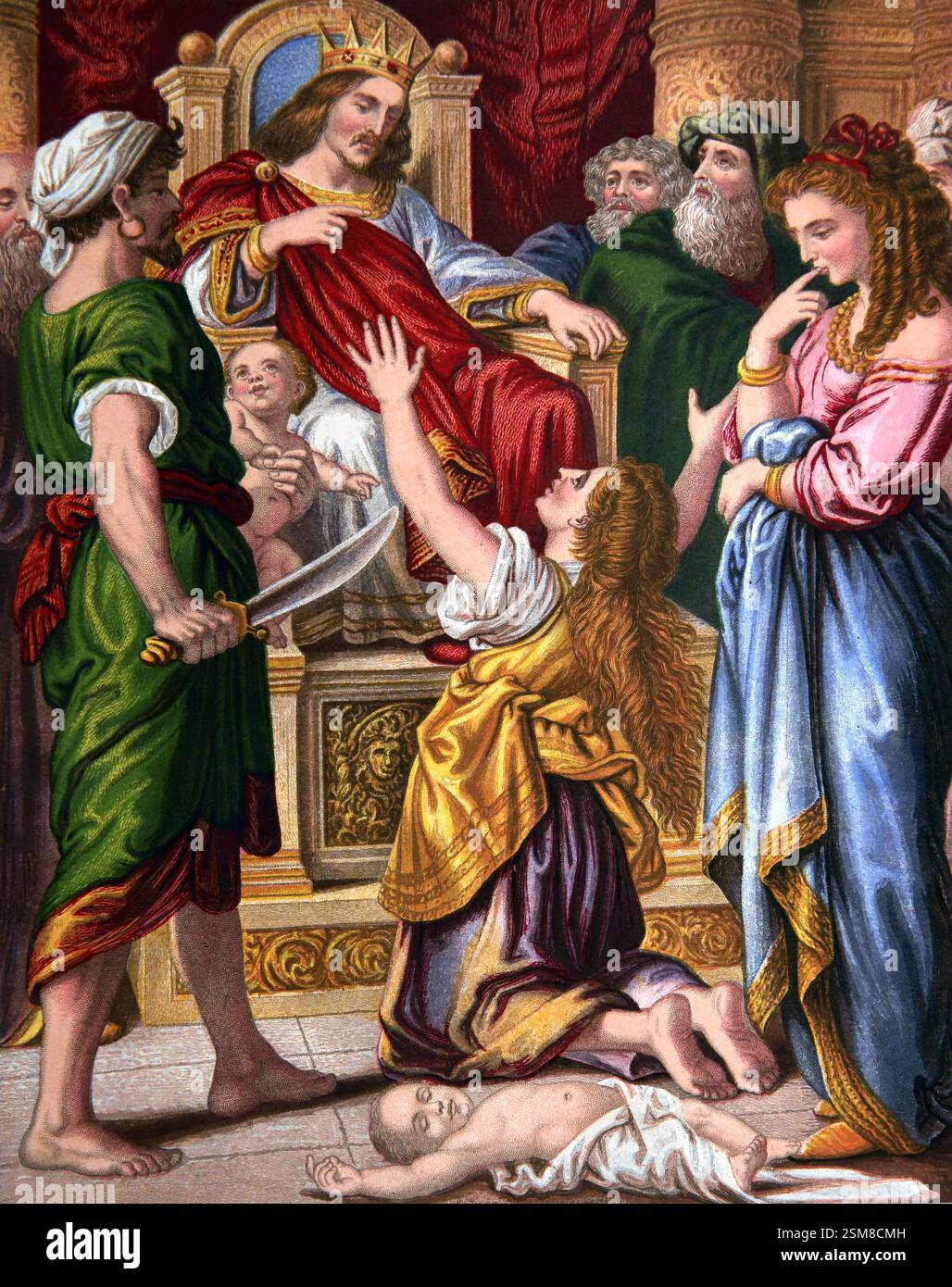 Illustration des Urteils Salomos - zwei Mütter, die im selben Haus lebten, hatten jeweils ein Kind, eines war gestorben und jede Mutter argumentierte, dass sie leben würde Stockfoto