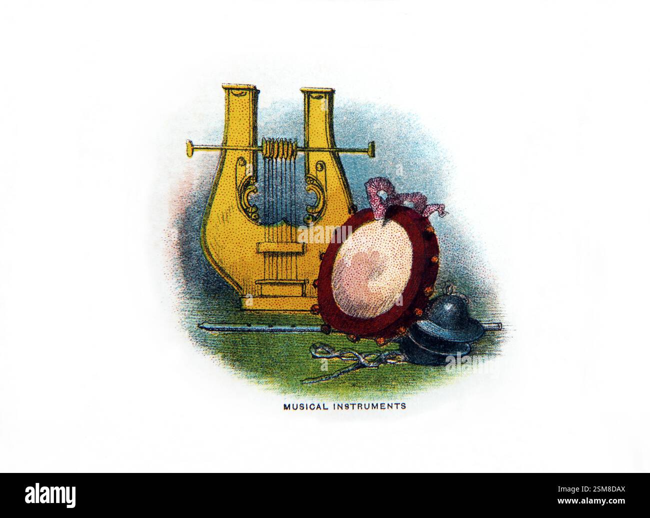 Illustration von Musikinstrumenten aus biblischer Zeit - Leier, Timbrel und Symbole in der antiken Bibel des 19. Jahrhunderts Stockfoto
