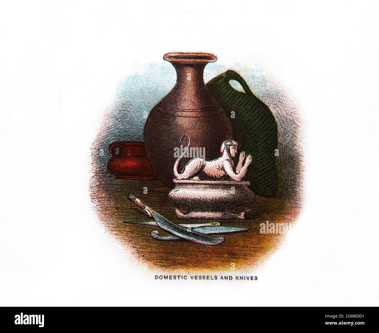 Illustration von Häusergefäßen und Messern, die während biblischer Zeiten aus der antiken Bibel des 19. Jahrhunderts verwendet wurden Stockfoto