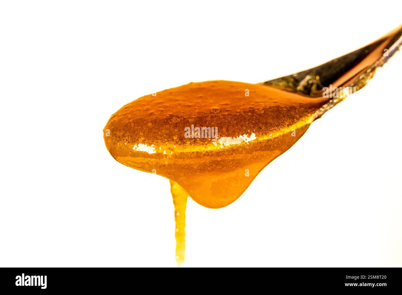 Manuka Honig tropft von einem Löffel in einem Golden Amber Flow vor einem weißen Hintergrund, der seine reiche Textur und seinen Glanz zeigt Stockfoto