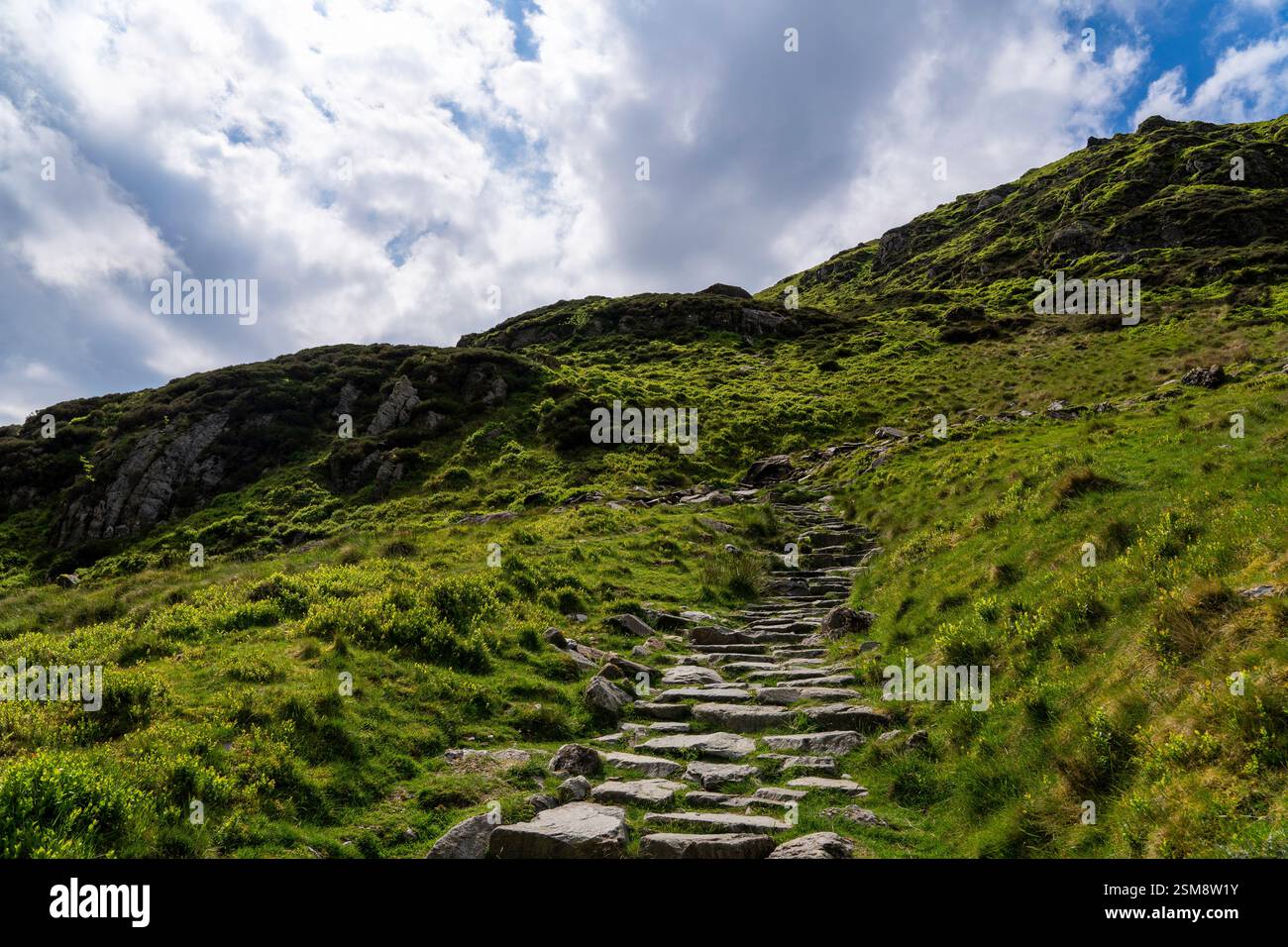 Der historische Minffordd-Pfad führt Sie in Richtung Penygader (Cadair Idris) durch grüne Hänge und dramatischen Himmel im Snowdonia-Nationalpark Stockfoto