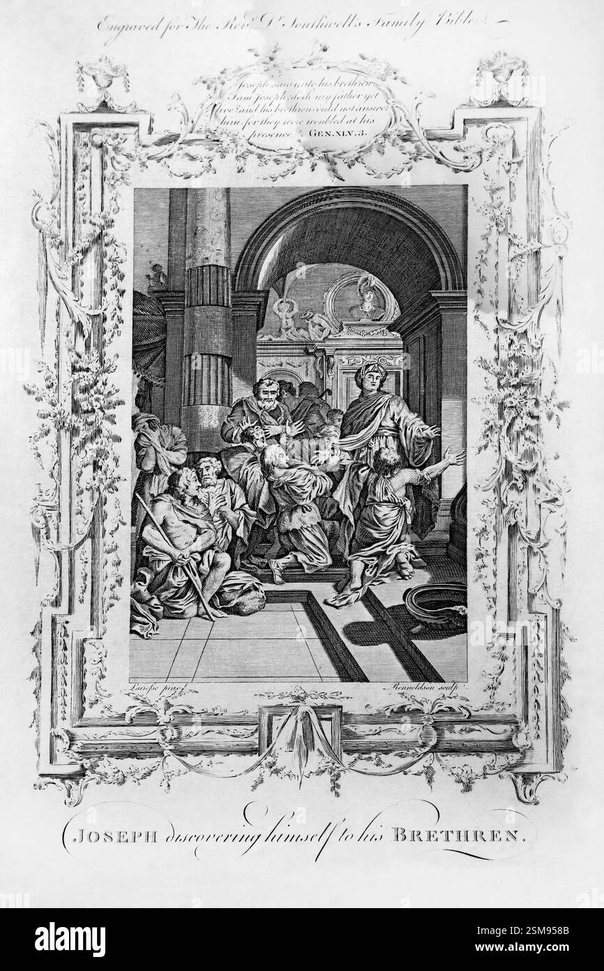 Kupfergravierung von Joseph, der sich seinen Brüdern gegenüber entdeckte (Genesis) aus dem Antike 1780 die Familienbibel von Reverend Dr Southwell (das Universale Fa) Stockfoto