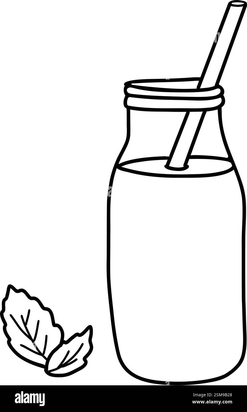 Smoothie oder Detox-Cocktail in der Flasche mit Strohhalm. Gesundes Getränk Vektor-Illustration im Doodle-Stil isoliert auf einem Hintergrund. Schwarz-weiß Stock Vektor