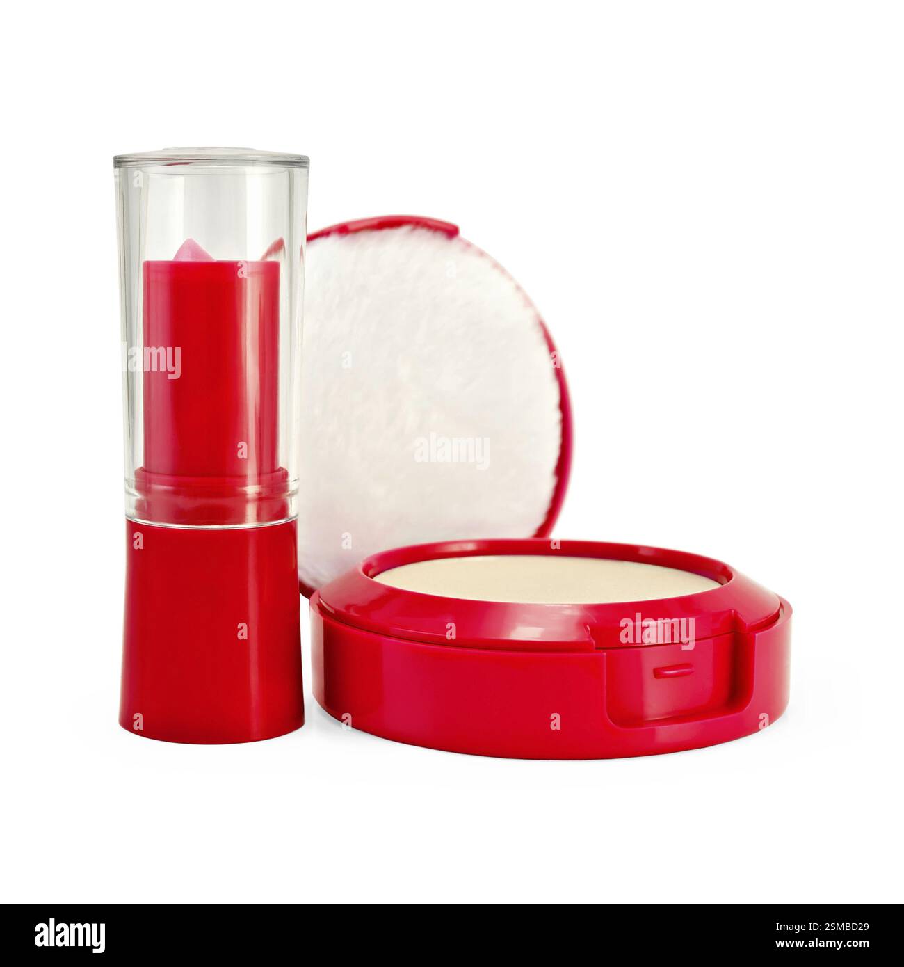 Roter Lippenstift und Puder für Kinder isoliert auf weißem Hintergrund Stockfoto