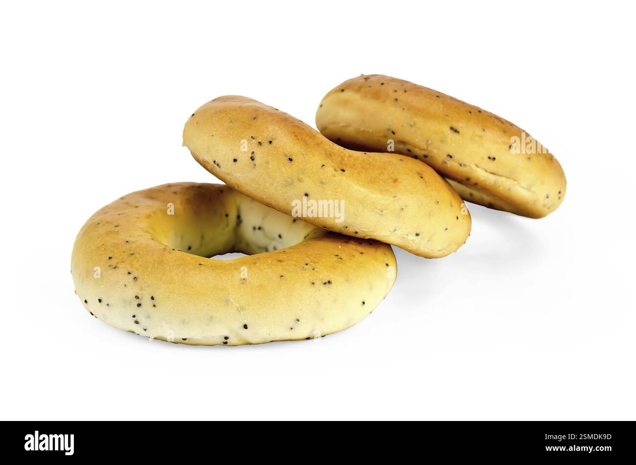 Drei Brötchen mit Mohn isoliert auf weißem Hintergrund Stockfoto
