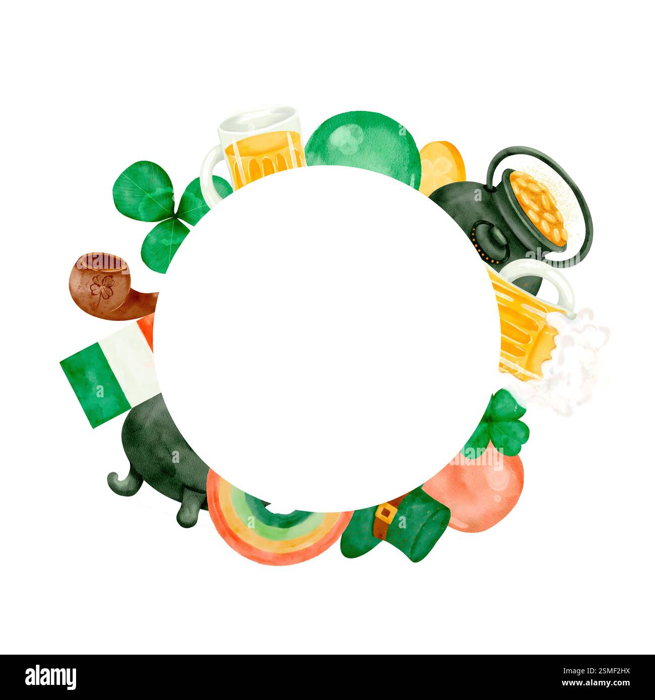 Ein farbenfroher kreisförmiger Rahmen mit Symbolen und Bildern, die mit den Feierlichkeiten zum St. Patricks Day assoziiert sind. Isolierte Aquarellgrafik auf weißem Hintergrund für verschiedene Designs und Drucke. Stockfoto