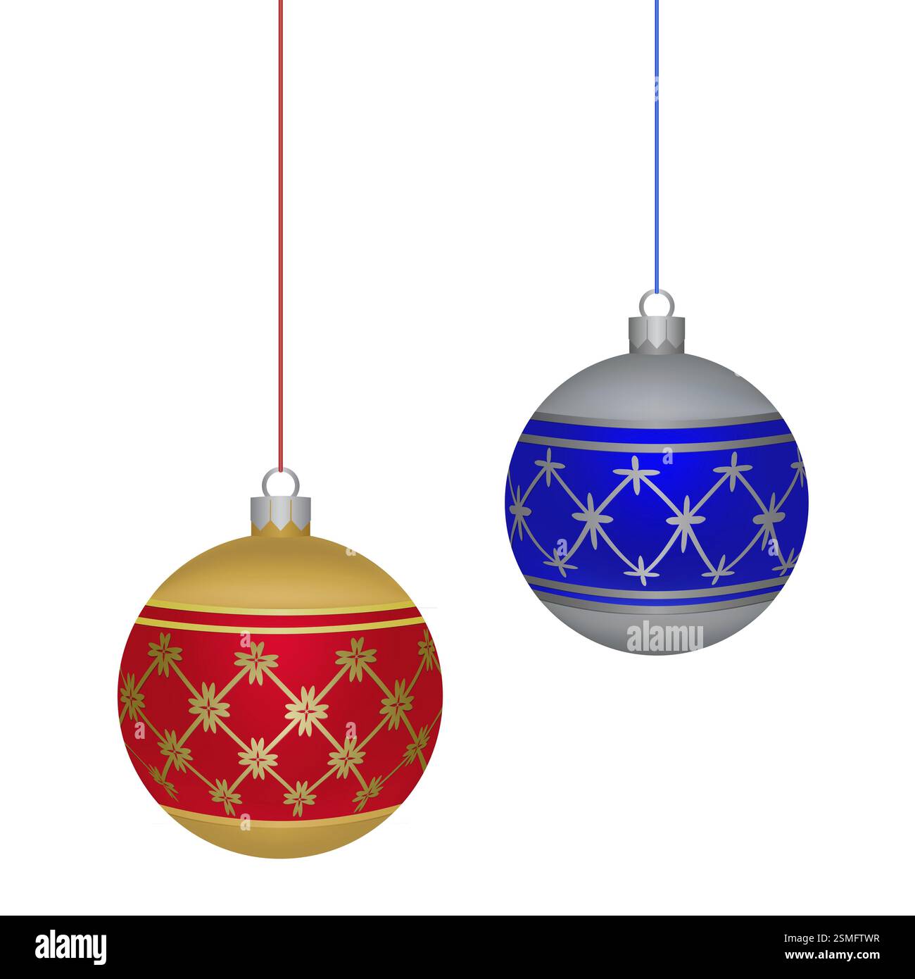 Weihnachtskugeln rot und blau mit goldenen und silbernen Verzierungen auf weißem Hintergrund Stockfoto