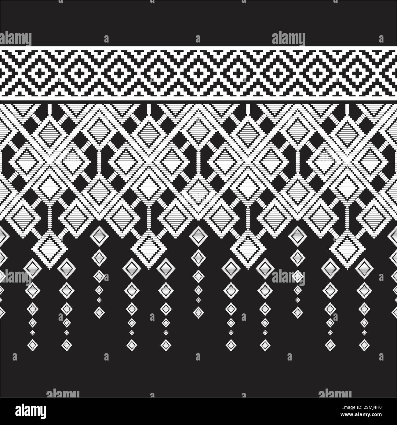 Nahtlose Randlinie mit weißem, diamantförmigem Ikat-Muster für Dekorationen, Hintergrundbilder, Stoffdrucke und Textilien Stock Vektor