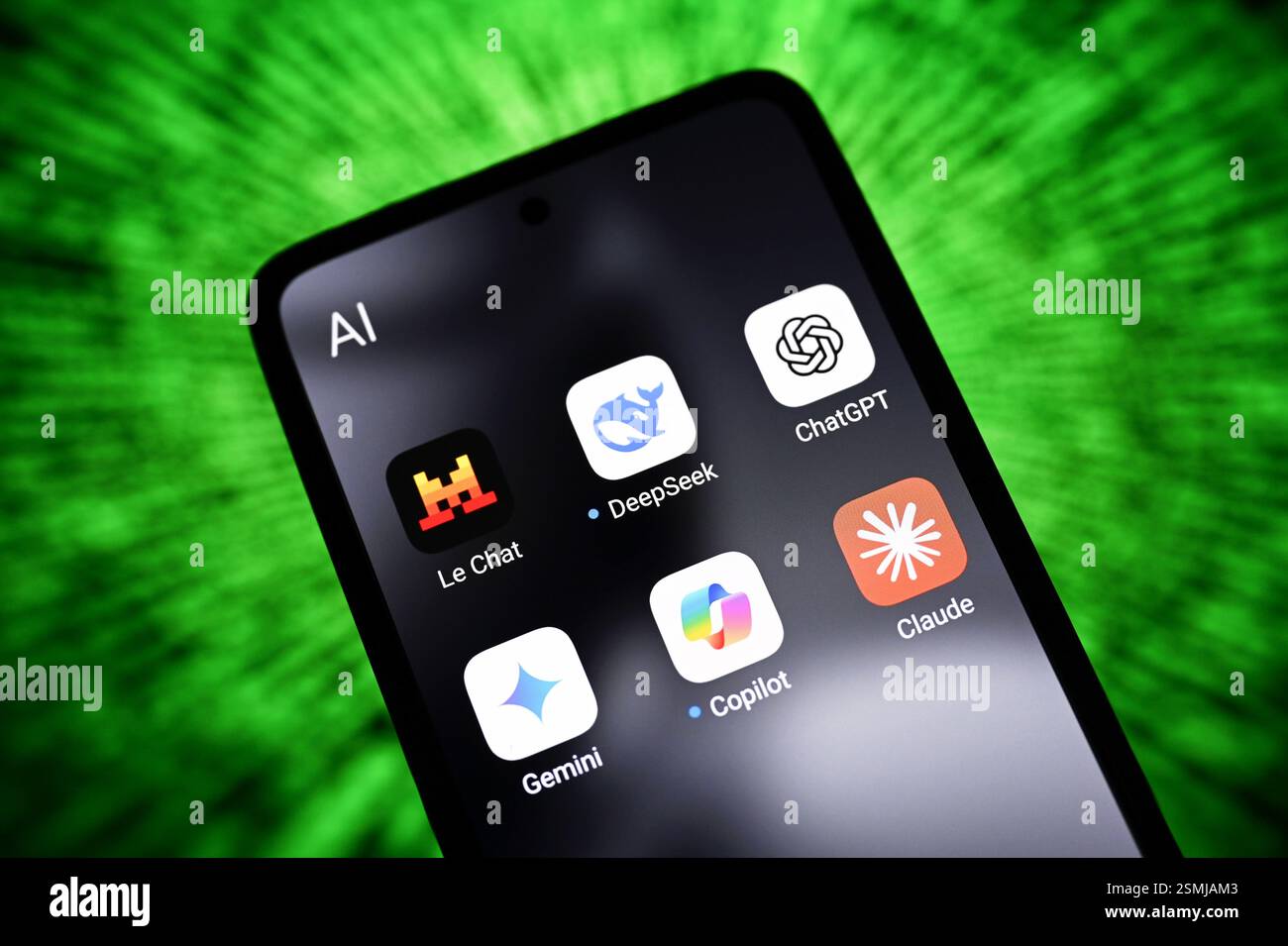 Ukraine. Dezember 2024. In dieser Foto-Illustration werden die Apps für künstliche Intelligenz (KI) von Le Chat von Mistral AI, DeepSeek, ChatGPT, Google Gemini, Copilot und Claude AI von Anthropic auf einem Smartphone-Bildschirm gesehen. Quelle: SOPA Images Limited/Alamy Live News Stockfoto