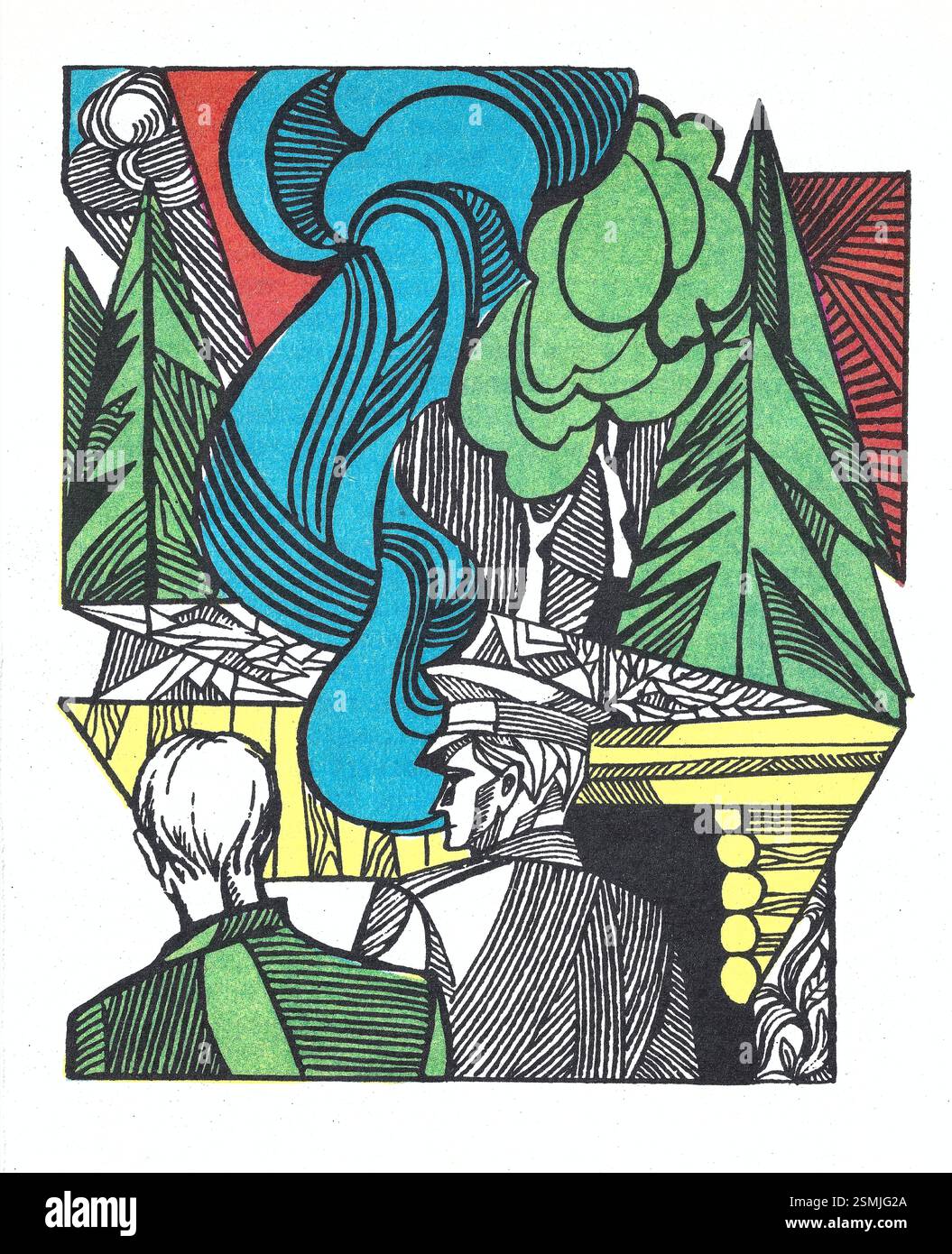 Offizier, Fluss, Wald. Eine farbenfrohe, brutalistische, sozialistische Illustration aus einem alten sowjetischen, russischen Buch über Feiertage, Rituale, Traditionen. Stockfoto