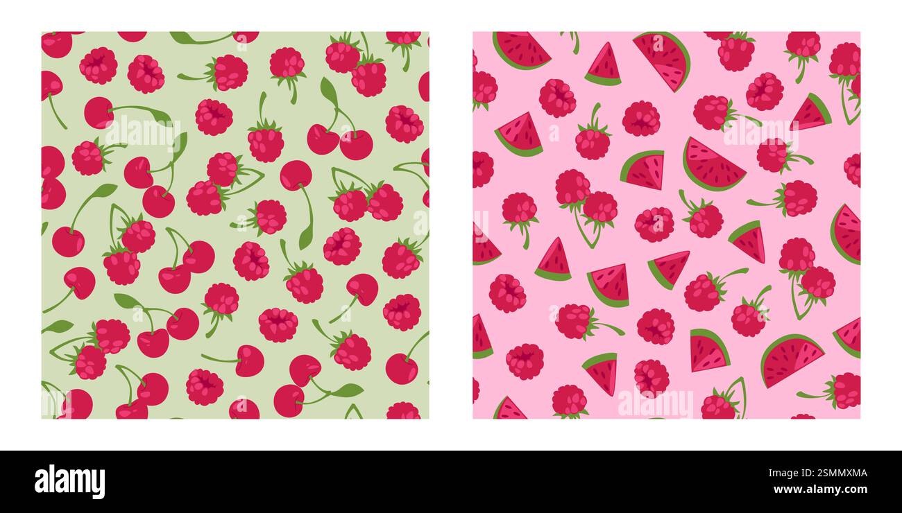 Nahtloses Muster von reifer Wassermelone, Kirschen mit frischen Himbeeren, grünen Stielen und Blättern auf hellem Hintergrund. Süße Beeren verstreut – dekoratives Design für Textilien, Geschenkpapier oder Schreibwaren. Stock Vektor