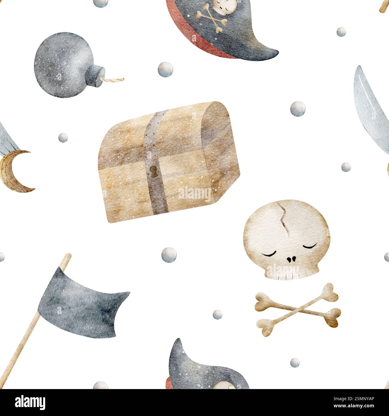 Aquarellmuster für Jungen, Piratensymbol, Schädel, Brust, Schwert, Bombe, Captain's Cap. Handgezeichnete Illustration im Kinderstil. Isoliert für Stockfoto