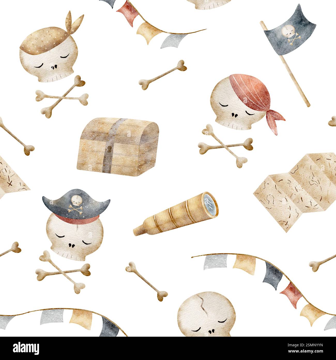 Piraten mit Aquarellmuster, Seeleute Schädel, Knochen, Brust, Karte, Spyglass. Kinderillustration, handgezeichnet im Zeichentrickstil. Isoliert auf weiß Stockfoto