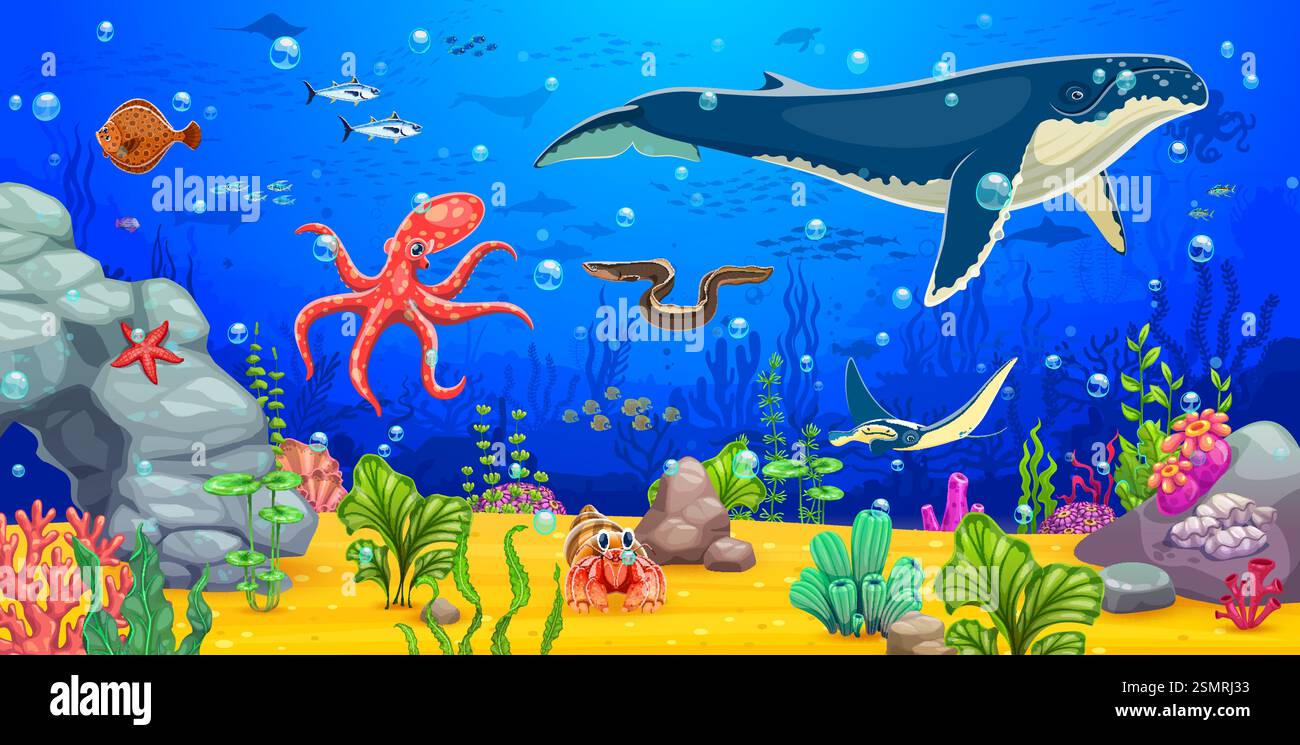 Zeichentrick-Unterwasserlandschaft mit Buckelwalen und Meerestieren, Spielhintergrund. Vektor-Marineszene mit Riesenwal und Mantarochen, Oktopus, Aal und Stock Vektor