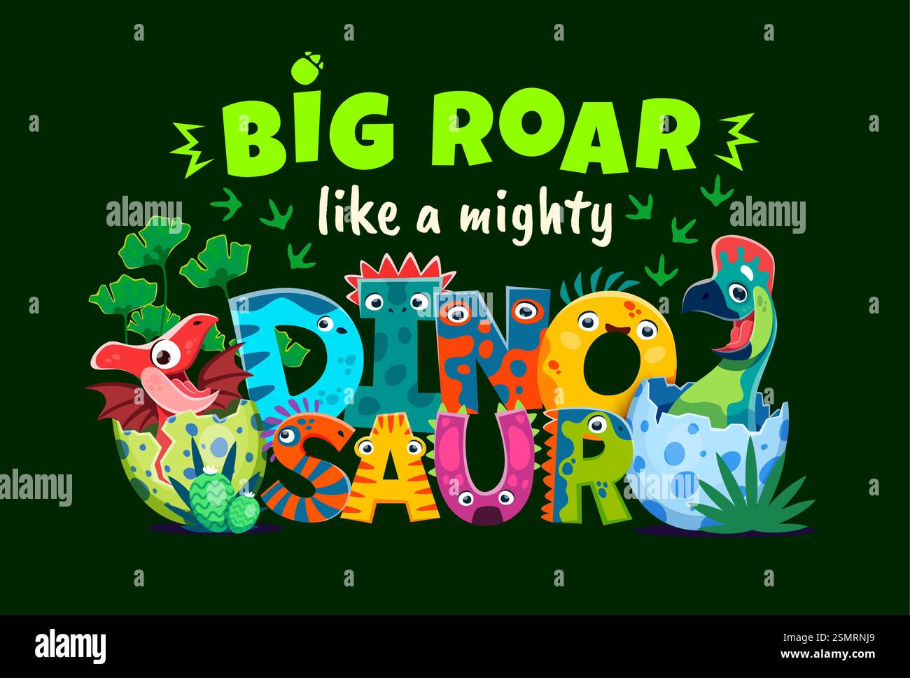 Dinosaurier zitieren großes Brüllen wie ein mächtiger Dinosaurier. Verspielte Vektor-Phrase umgeben von niedlichen Zeichentrickfilm prähistorischen Baby Dino Charaktere schlüpfen aus dem EG Stock Vektor