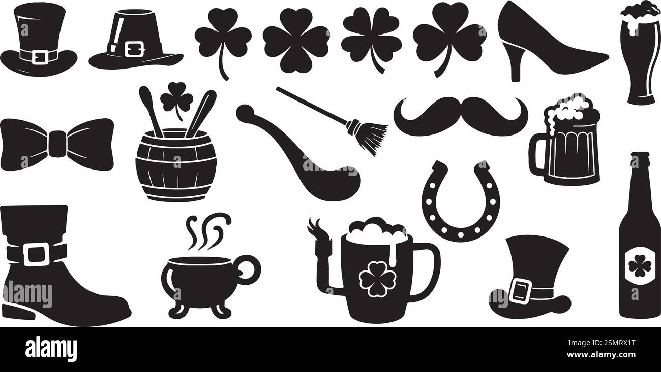 St. Patrick's Day Silhouette Elemente, St. Patrick's Day Symbole Set - Silhouette Vector Collection Stock Vektor