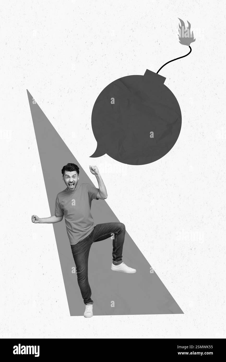 3D Retro kreative Kunstvorlage Collage von aggressiven Guy Bombe Mind Cloud Ready Burst leerer Raum isolierter Malhintergrund Stockfoto