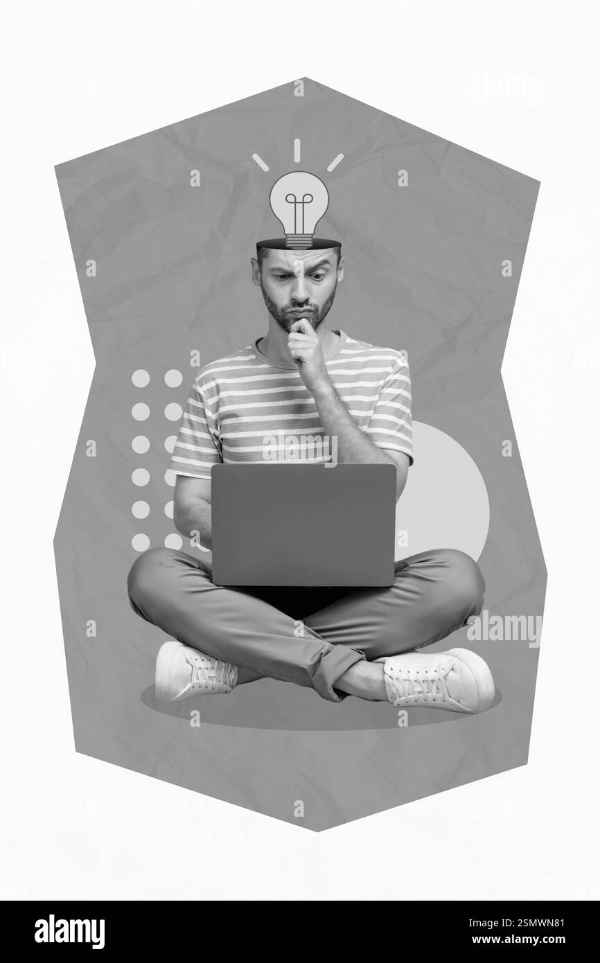 Bannercollage von Guy Verwenden Sie eine alternative elektrische Internetverbindung für die Netbook-Suche während des Blackouts russischer Aggression gegen die Farben der ukrainischen Flagge Stockfoto