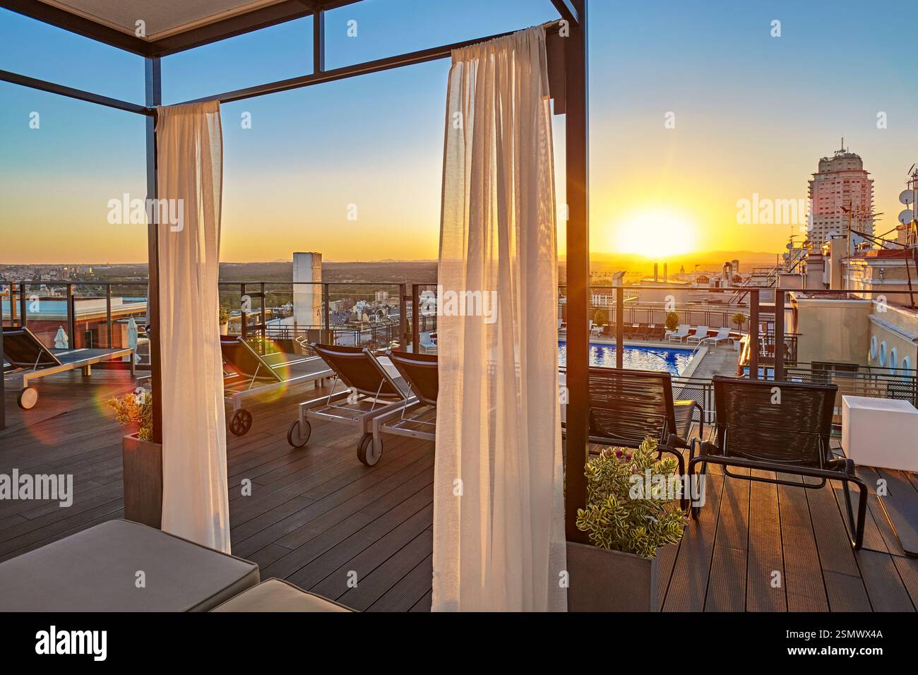 Emperador Hotel rooftop, located at Lope de Vega building in Gran Via street. Madrid. Spain Stockfoto