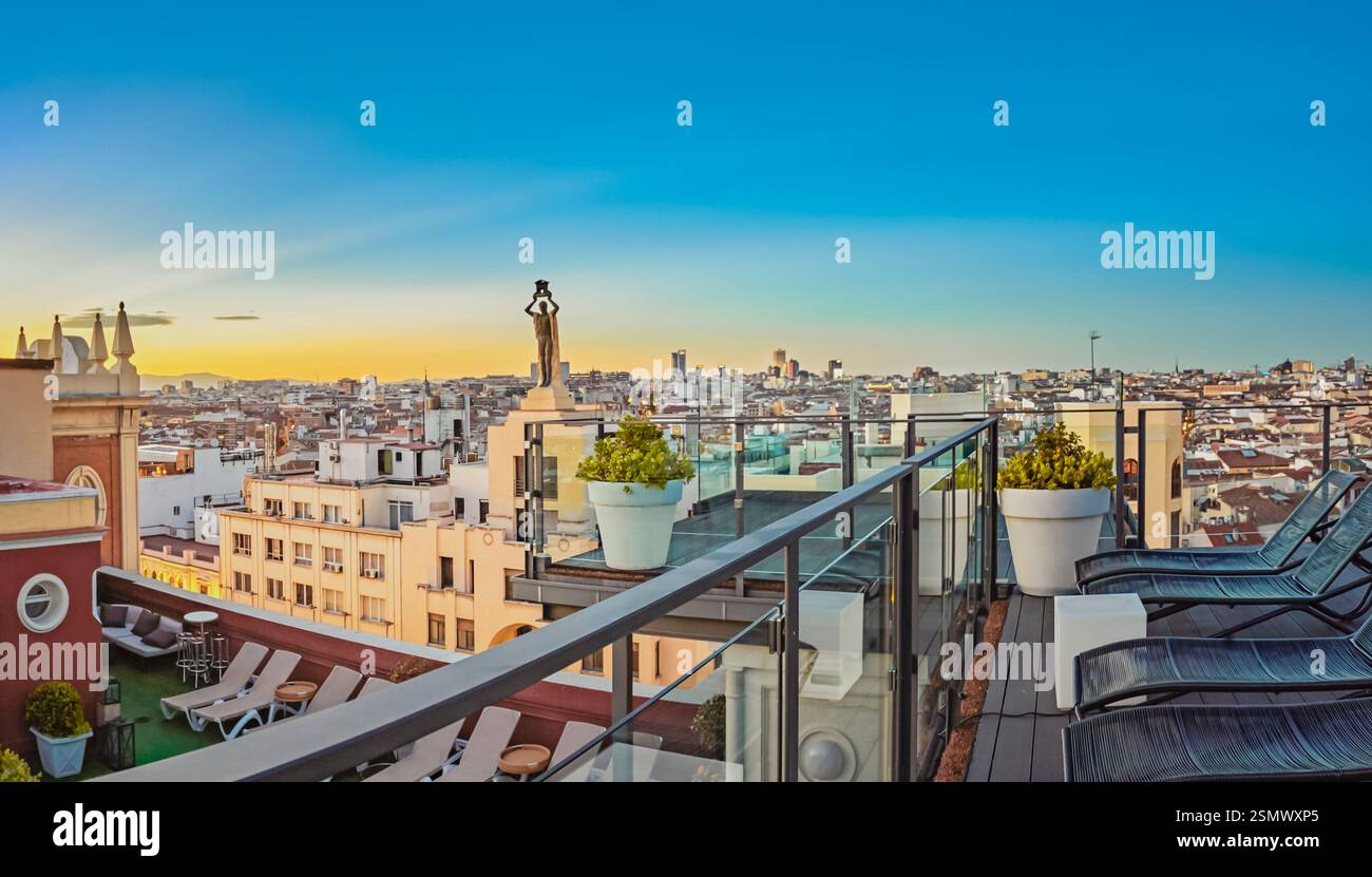 Emperador Hotel rooftop, located at Lope de Vega building in Gran Via street. Madrid. Spain Stockfoto