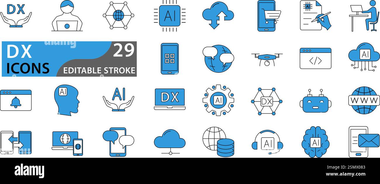 Technologiesymbol im Vektor gesetzt. Symbolgruppe digitale Transformation. DX-Symbole. Vektorabbildung. Bearbeitbare Kontur. Stock Vektor