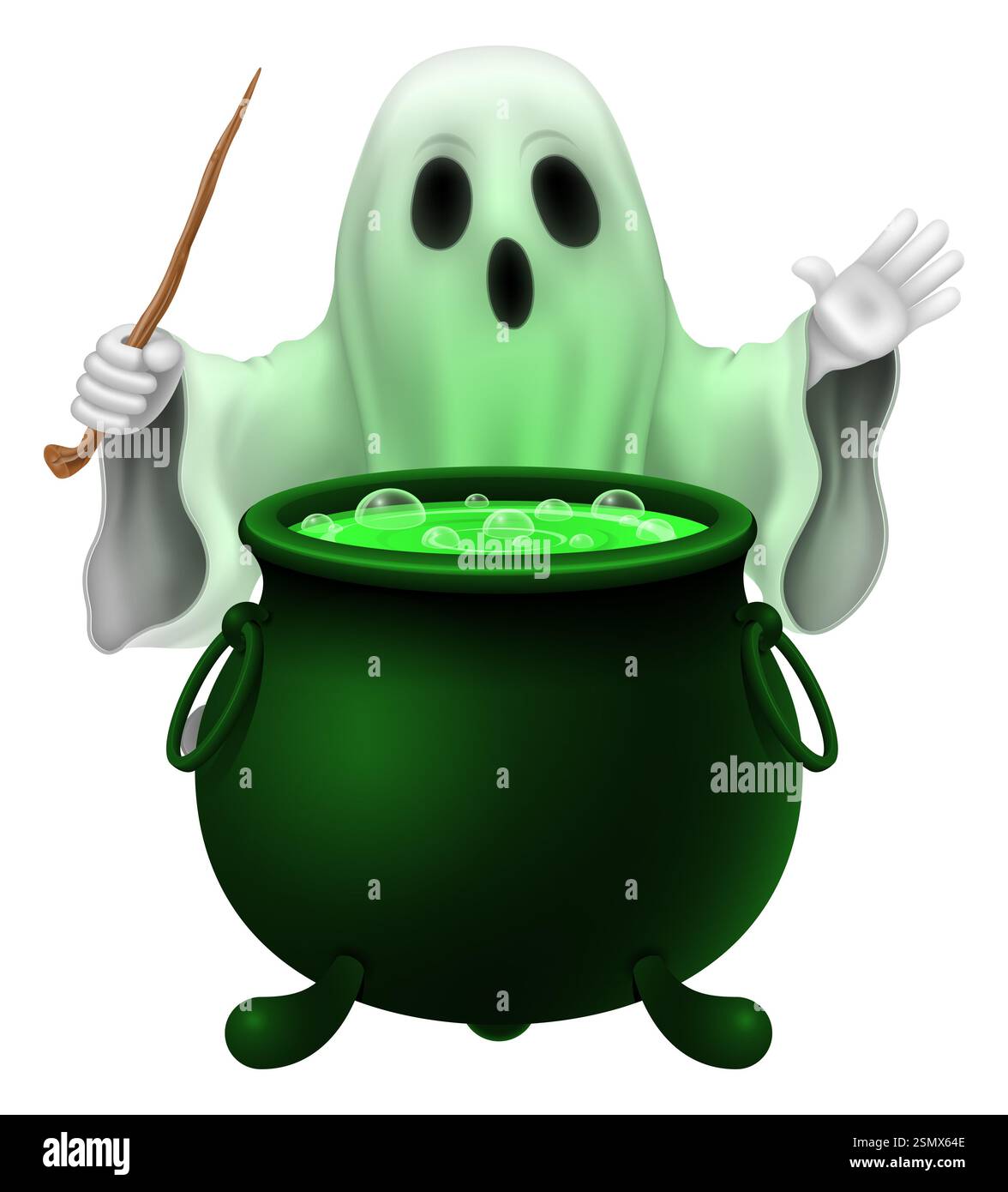 Gruseliger Geist auf halloween-Party mit gruseliger Gesichtsvektor-Illustration isoliert auf weißem Hintergrund Stockfoto