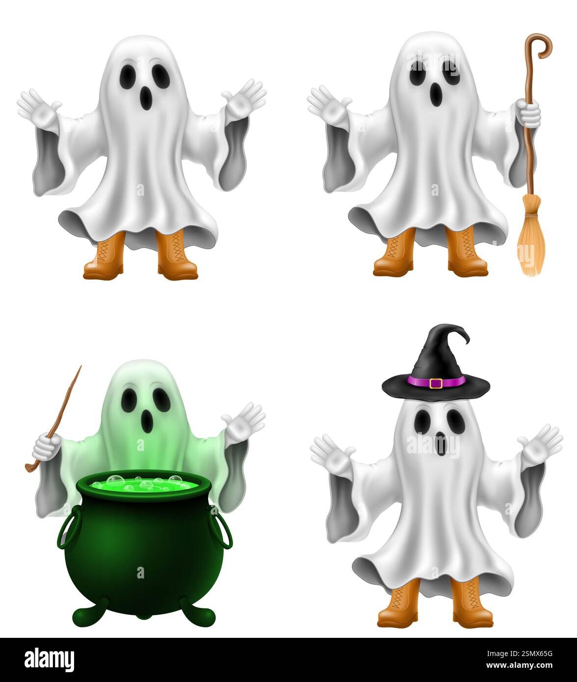 Gruseliger Geist auf halloween-Party mit gruseliger Gesichtsvektor-Illustration isoliert auf weißem Hintergrund Stockfoto