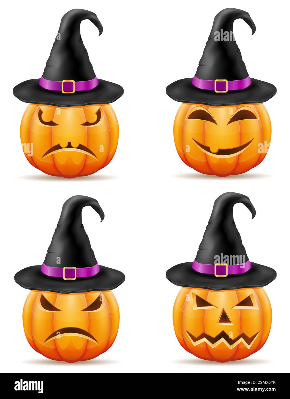 Kürbis mit schrecklichen Gesichtern mit einem Hexenhut für halloween Feier Vektor Illustration Vektor Illustration isoliert auf weißem Hintergrund Stockfoto