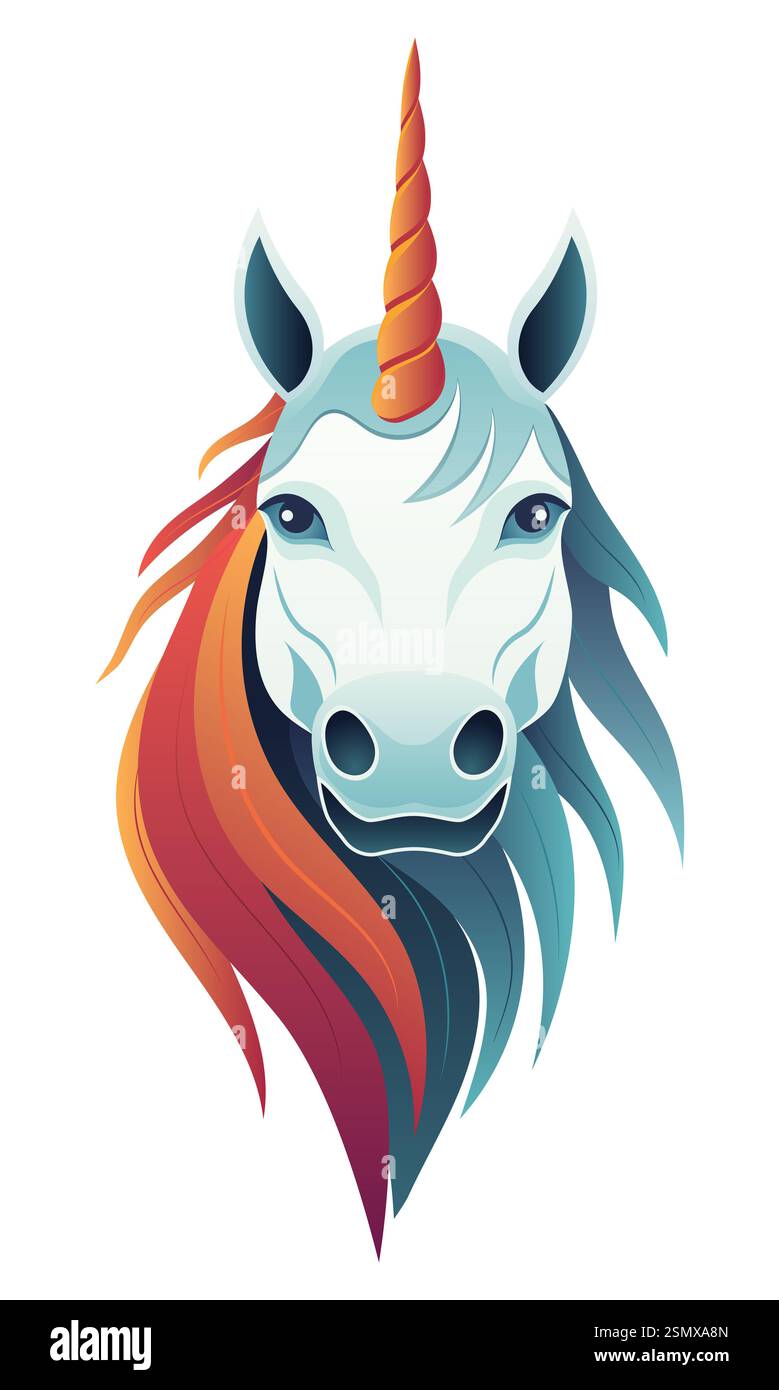 Einhornlogo mythologisches Pferd mit Hornvektor-Illustration isoliert auf weißem Hintergrund Stockfoto
