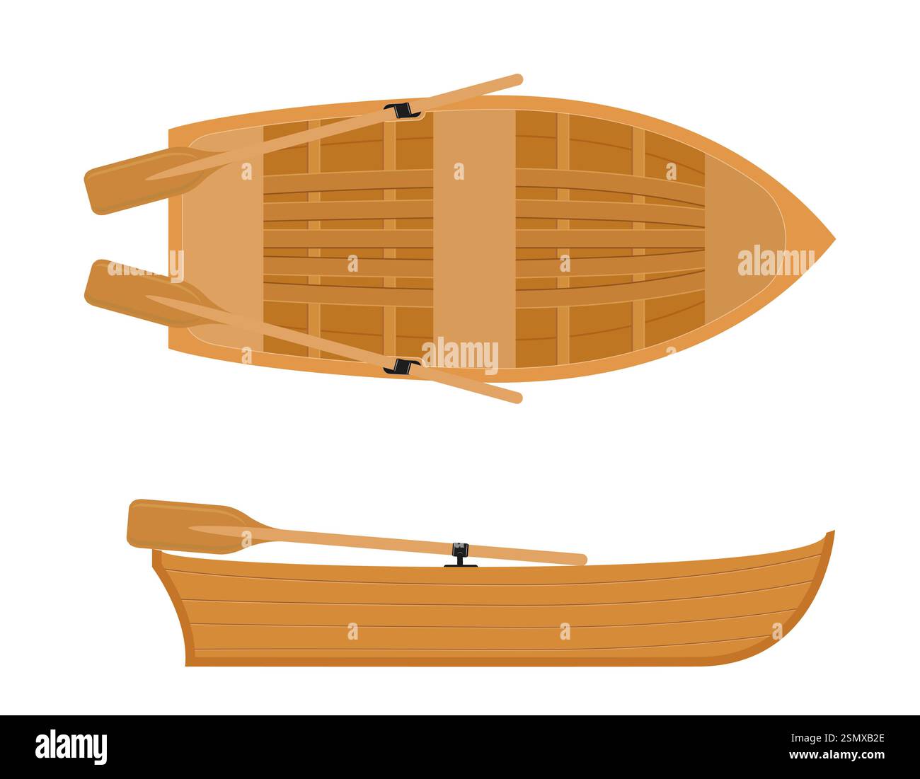 Hölzerne Boot-Draufsicht flache Art Vektorillustration isoliert auf weißem Hintergrund Stockfoto