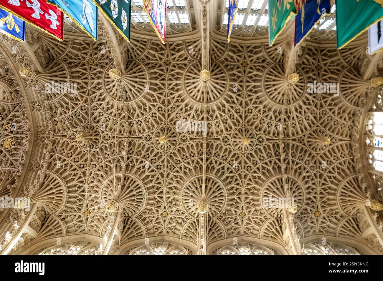Herrlicher Blick auf das ikonische, fein geschnitzte Fächergewölbe mit hängenden Anhängern in der Henry VII Lady Chapel, im berühmten Westminster... Stockfoto