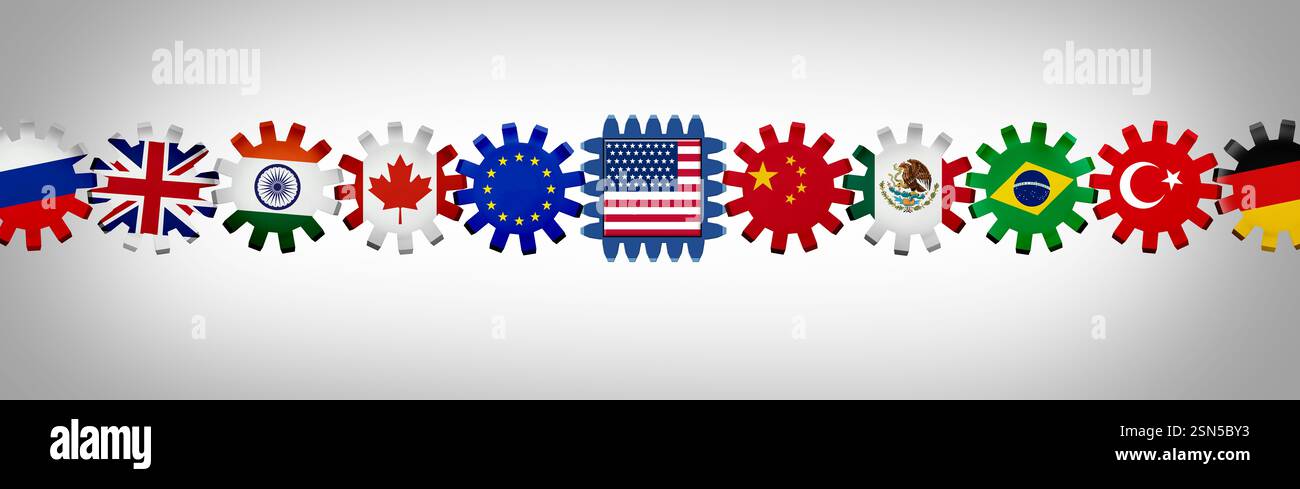 US Globale Handelskrise und wirtschaftliche Störung und Handelskrieg oder USA gegen China Indien Kanada und Europäische union als amerikanische Zölle mit Zahnrädern stoppen Stockfoto