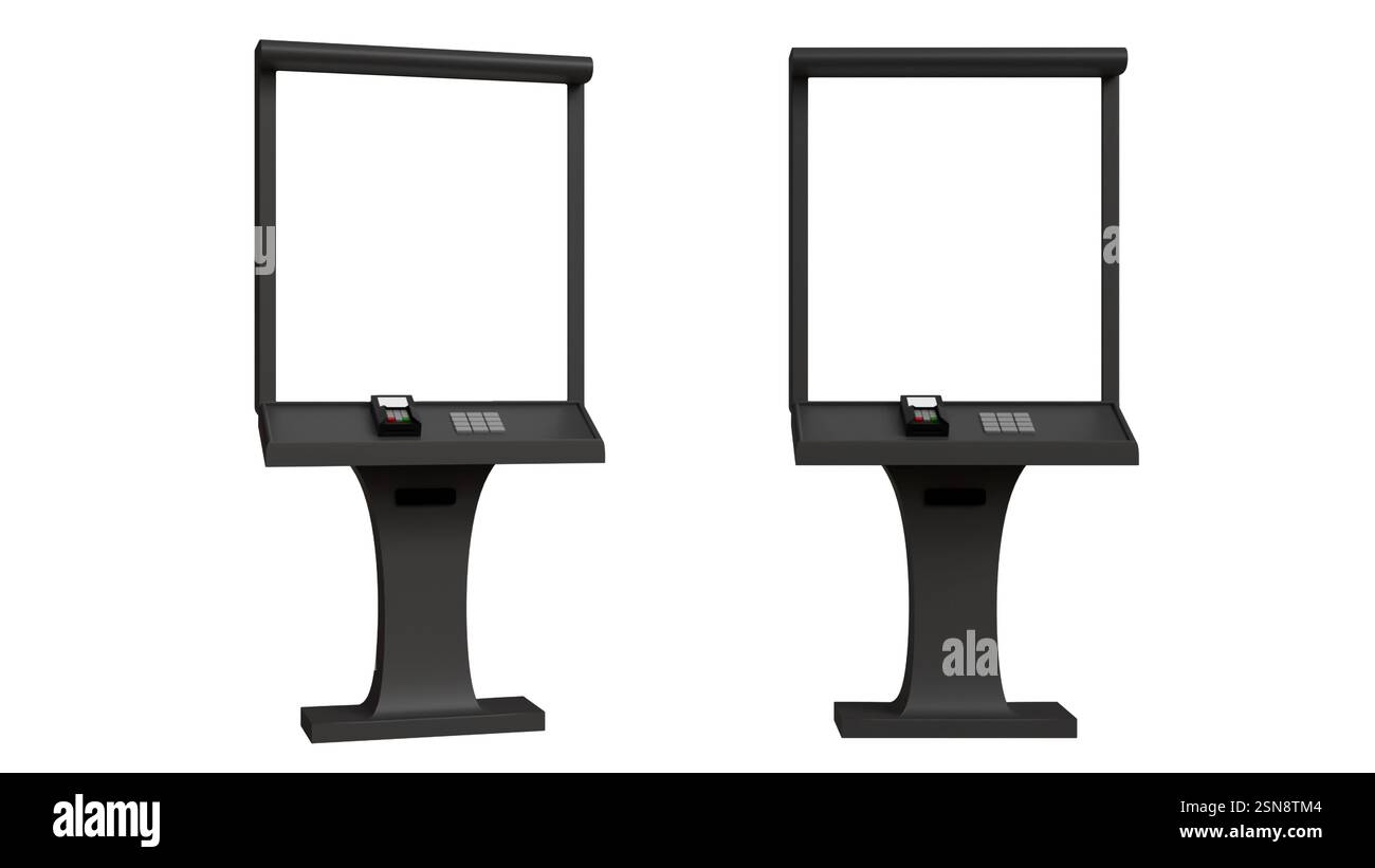 3D-Modell eines Zahlungsterminals mit weißem Display auf weißem Hintergrund, Geldautomat, Terminal für Kontoauffüllung und Geldoperationen Stockfoto