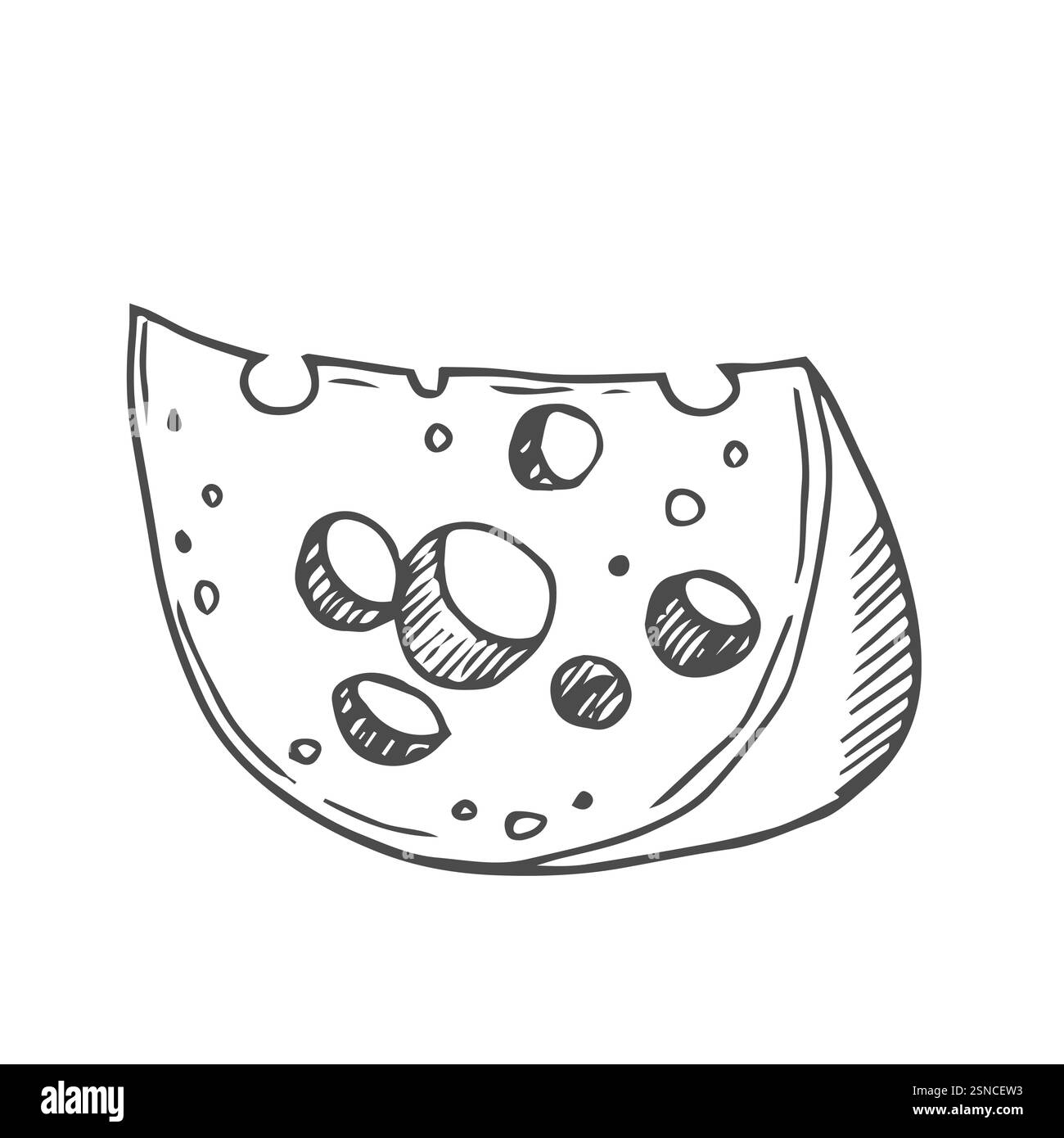 Vektorillustration für Käsewürfel. Umrisszeichnung des Etiketts oder Rezepts für Milchprodukte im Kochbuch. Monochromes Ätzen von Cheddar oder Gouda mit Löchern. Stock Vektor