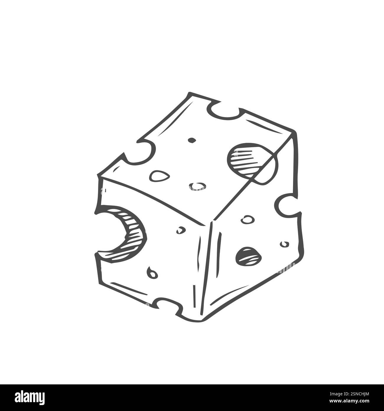Vektorillustration für Käsewürfel. Umrisszeichnung des Etiketts oder Rezepts für Milchprodukte im Kochbuch. Monochromes Ätzen von Cheddar oder Gouda mit Löchern. Stock Vektor