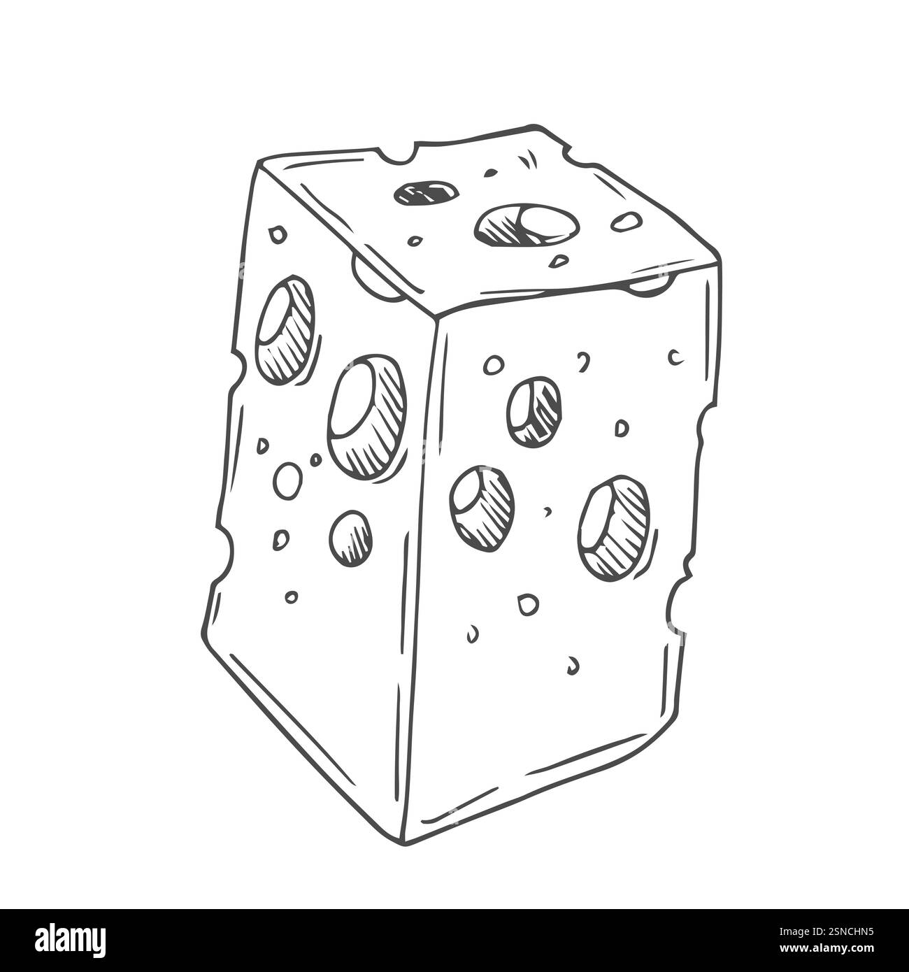 Vektorillustration für Käsewürfel. Umrisszeichnung des Etiketts oder Rezepts für Milchprodukte im Kochbuch. Monochromes Ätzen von Cheddar oder Gouda mit Löchern. Stock Vektor
