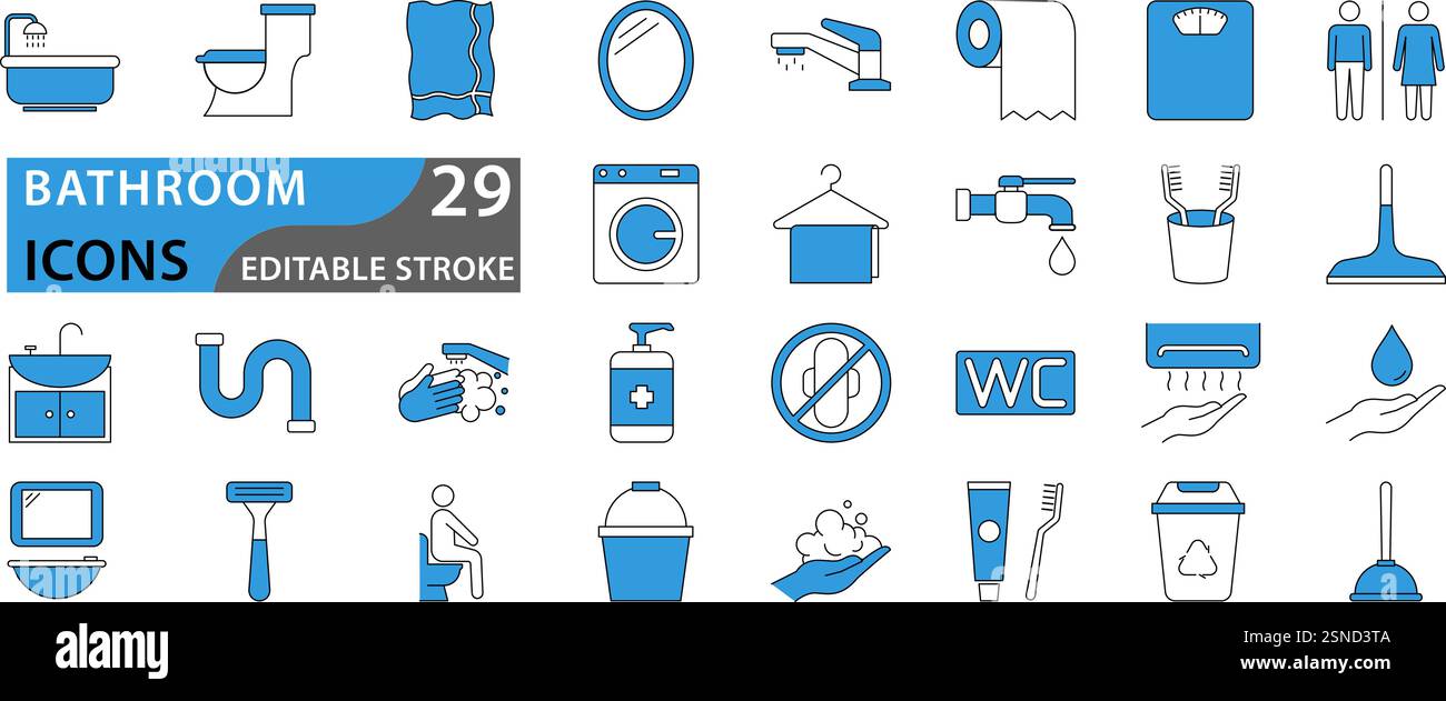 Vektorsymbole im Badezimmer. Badsymbole. Dusche, Badewanne, Toilette, Icon-Set. Vektorabbildung. Stock Vektor