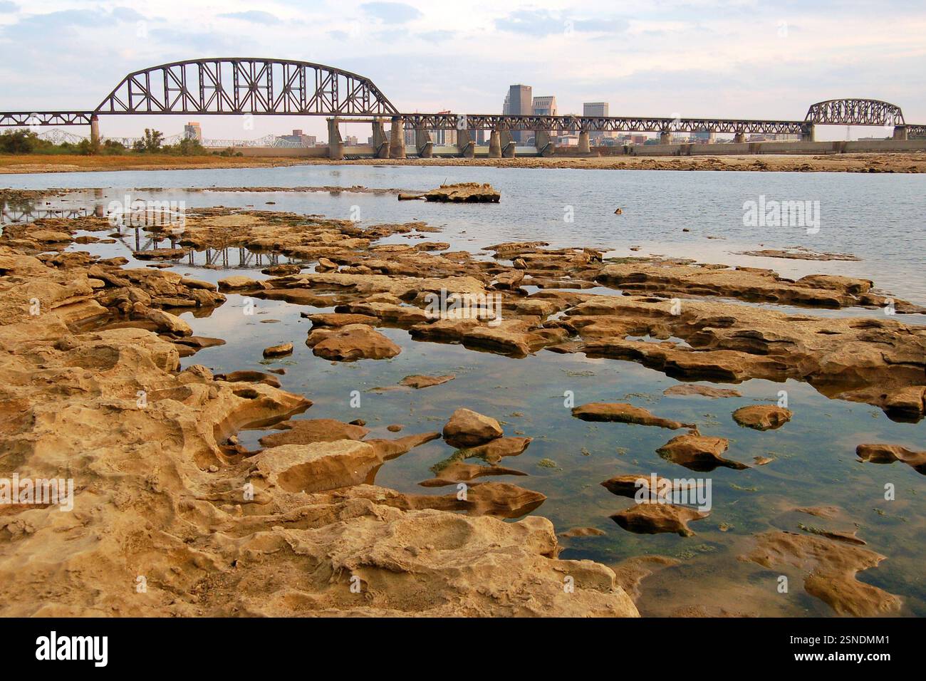 Das Flussbett im Falls of the Ohio State Park enthält Fossilien aus der Devon-Zeit Stockfoto