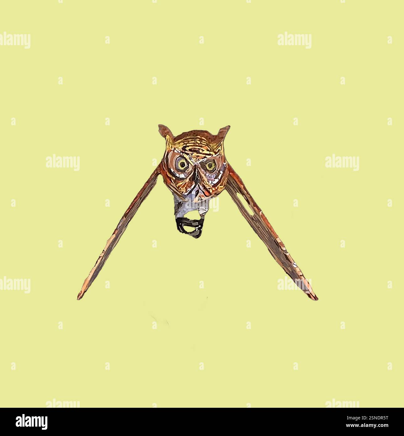 Diese Eule wurde von dem amerikanischen Künstler Christopher Patch geschaffen. Patch ist weitgehend von den Werken früherer amerikanischer Naturforscher und Vogelkünstler des 18. Und 19. Jahrhunderts beeinflusst. Die von ihnen geschaffenen „Gleichnisse“ waren oft stilisierte und anthropomorphisierte Versionen von Tieren, die viel mehr von der Vision des Herstellers widerspiegelten als bloße Dokumentation. 2015 schuf Patch das Werk Migration, das aus 37 Pappvögeln besteht mâché, die alle über die Treppe vom dritten bis vierten Stock des Portland Museum of Art in Portland, Maine, fliegen Stockfoto