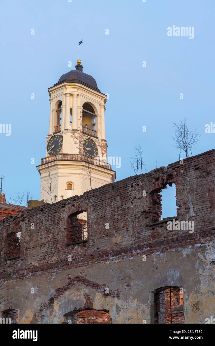 Alter Uhrturm und gebrochene Backsteinmauern der zerstörten Kathedrale in Wyborg, Russland. Vertikales Foto Stockfoto