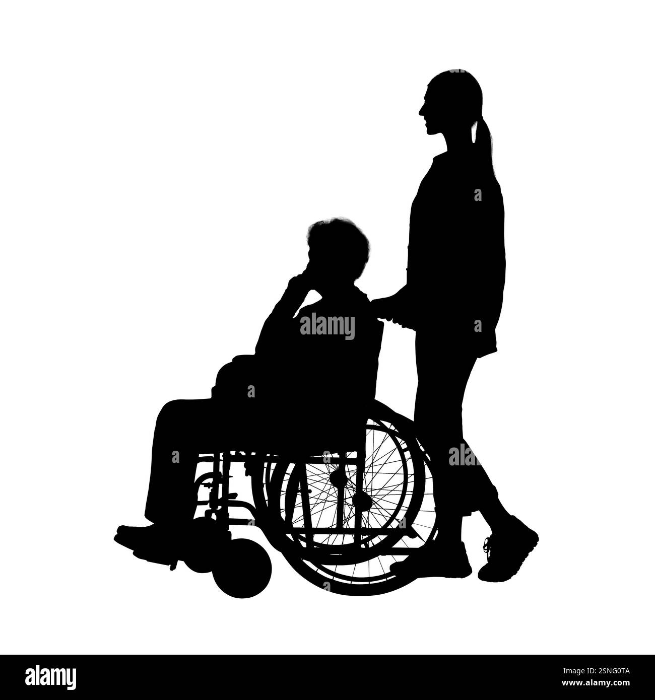 Silhouette einer Frau mit Mann im Rollstuhl auf weißem Hintergrund Stockfoto