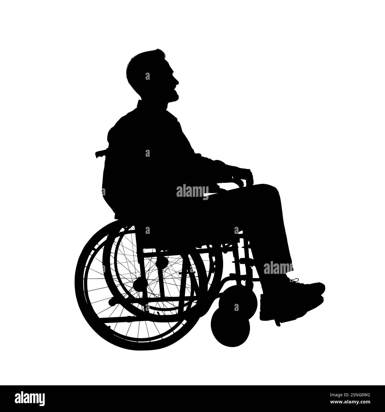 Silhouette eines Mannes im Rollstuhl auf weißem Hintergrund Stockfoto