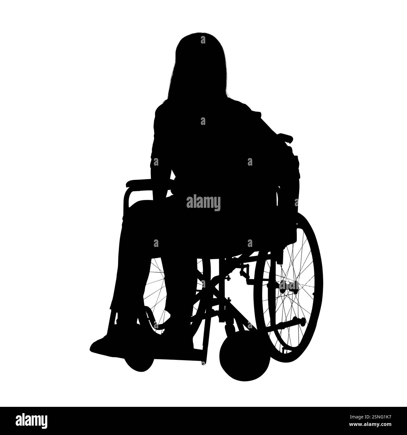 Silhouette einer Frau im Rollstuhl auf weißem Hintergrund Stockfoto